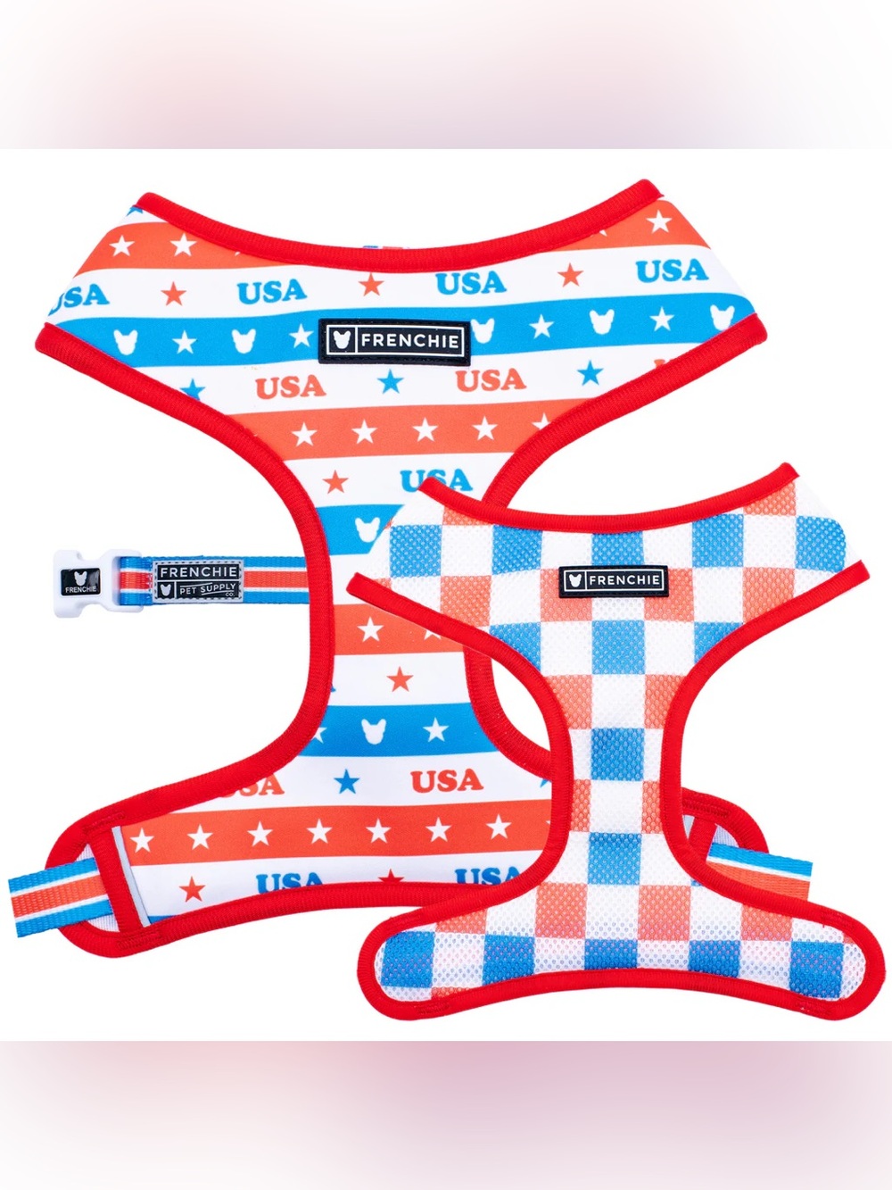 Frenchie Duo Reversible Dog Medium Harness USA america red white blue NEW